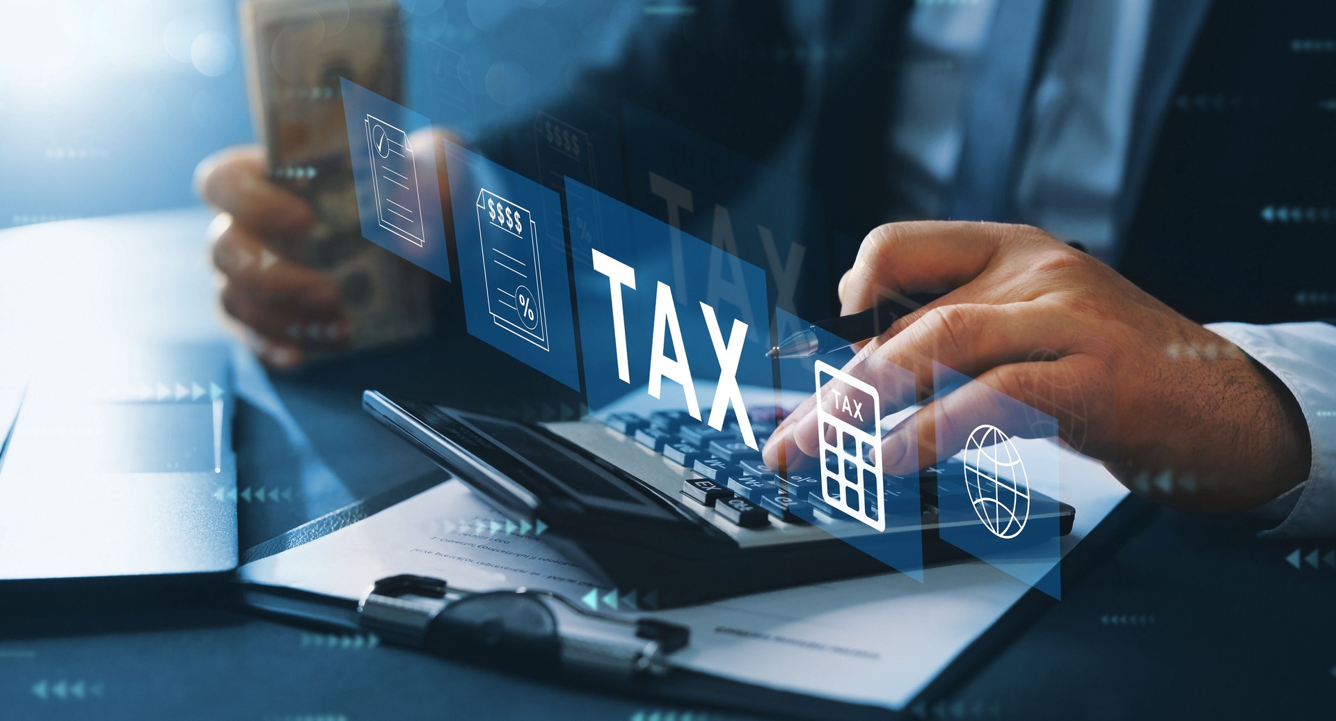 Business person fill in the income tax  return form for payment. Financial research,government taxes and calculation tax return concept.